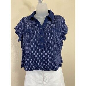 Karen Scott Top Blouse Shirt Women L Blue Polka Dot Collared Knit Cotton